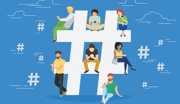 Hashtag concept illustration of young various people using mobile gadgets such as tablet pc and smartphone for hashtags sharing via internet