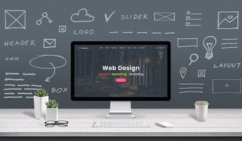Web design concept with computer display, web theme and drawings of website, app parts. 