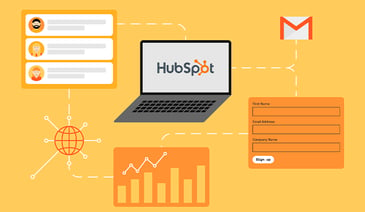 HubSpot orange graphic with laptop in the middle worfklow 