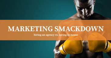 Marketing smack down graphic - boxer with gold glover on a green background