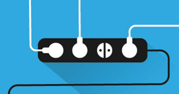 Electric plug on in strip illustration on blue black ground with white chargers plugged into it