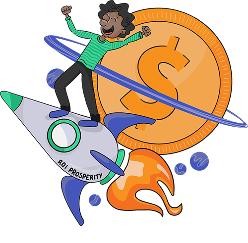 person riding rocket ship around coin that looks like a planet